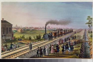 サンクトペテルブルクからツァールスコエ セローへの始発列車の到着、1837 年 10 月 30 日。ロシアの巨匠による作品、紙に水彩