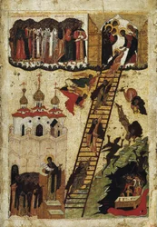 "The Ladder of Paradise of St. John Climacus" (聖ヨハネ・クリマクスの聖なる梯子) 修道士たちが梯子の頂上に到達し、地獄に落ちる者たちが描かれている - 16世紀初頭のロシアのイコン 国立ロシア博物館、セント・ペット