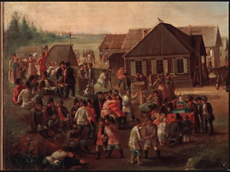 アレクセーエフスコエの村で行われる公共の祭典。 ロシアの巨匠による絵画、キャンバスに油彩、19 世紀半ば。 国立トレチャコフ美術館、モスクワ。