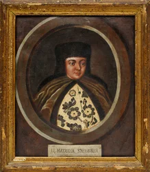 Natalia Kirillovna Narychkina (1651-1694) (Nathalie Narychkine) - ツァーリナの肖像 Natalia Naryshkina (1651-1694), ロシア皇帝アレクシス1世の妻 par Anonymous, 17世紀末 - 木に油彩, 29x24 - Private Collection