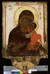「優しさの聖母 (Our Lady)」または「Virgin Eleusa (エレウサ)」 ロシアのアイコン。 14世紀末から15世紀初頭の木に絵付け。 国立ロシア美術館サンクトペテルブルク
