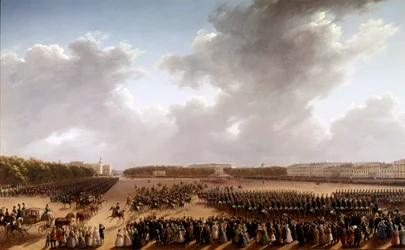 シャンゼリゼ通りのパレード、手前は馬に乗ったアレクサンドル・プーシキン（プーシキン）（1799-1837）とニコライ1世（1796-1855）が馬車に乗ってインペラトリーチェの前を通っている パリのロシア派の絵画。1825-1830.サンクトペテルブルク、博物館