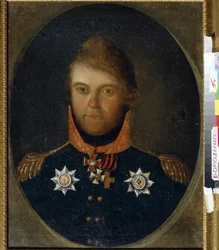肖像画ドミトリー・ペトロヴィッチ・ネヴェロフスキー (1771-1813)。 ロシア軍の将校である彼は制服を着ており、聖ジョージの十字架 (オレンジと黒のリボンが付いた白い十字架)、聖ウラジミール勲章 (十字架 r