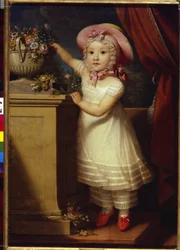 エカテリーナ・ドミトリエフナ・オブレスコワ (1822-1874) の肖像画。 （エカテリーナ・ドミトリエフナ・オブレスコワの肖像）。 エレガントで貴重な少女がつま先立ちでブーケから花を摘みます。 匿名の絵画、キャンバスに油彩、v