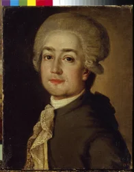 作曲家フョードル・マカロフ (1756-1821) の肖像 (作曲家フョードル・マカロフの肖像)。 匿名の絵画、キャンバスに油彩、1780 年頃。ロシア美術