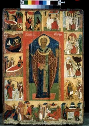 Myre または Bari の聖ニコラス (270-345) の生涯の祭壇画。 ロシアのアイコン。 15世紀末の木版画。 国立トレチャコフ美術館、モスクワ