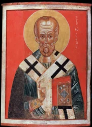 Saint Nicolas (または Saint Nicolas de Myre または Saint Nicolas de Bari, 270-345) (Saint Nicholas). ロシアのイコン、木に描かれたテンペラ、13 世紀後半から 14 世紀初頭、ノヴゴロド (ロシア) の芸術品。 国立エルミタージュ、サンクトペテルブルク。