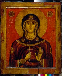 ニコメディアの聖ジュリアナ (4 世紀初頭) (聖ジュリアナ) - ノヴゴロドの伝統 (ロシア) のアイコン、木にテンペラ、13 世紀初頭 - 国立トレチャコフ美術館、モスクワ