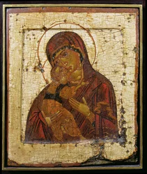 A Mãe de Deus de Vladimir, ícone russo, Escola Pskov, final do século XV (têmpera no painel)