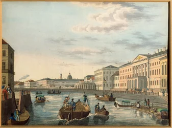 サンクトペテルブルクのフォンタンカ川の眺め。 匿名の作品、リトグラフ、水彩で彩色、1820 年頃。ロシア美術