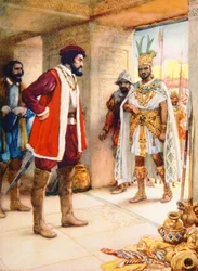1519年、エルナン・コルテスがモンテスマを人質にする（カラーリトグラフ