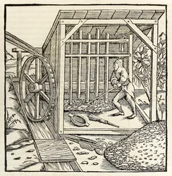 セバスチャン・ミュンスターによる1550年版「コスモグラフィア」より、水車を使った採掘（木版画
