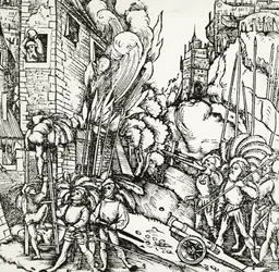 カルタゴ包囲戦、Sebastian Munster (1488-1552) による Universalis Cosmographia (Universal Cosmology) からの彫刻。 ドイツ