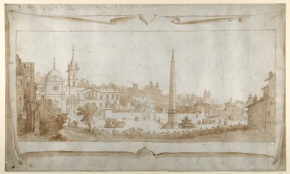 ポポロ門内のローマの風景とピンチオの風景を描いた正面図のデザイン（紙にペン・インク・ウォッシュ