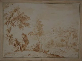 丘陵地のある広大な牧歌的風景、1720年頃（茶色のインク＆ウォッシュ）