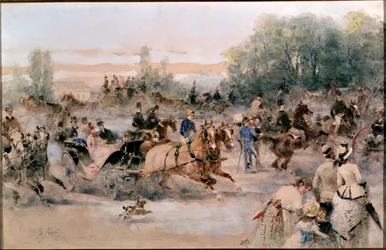 ミラノのポルタ・ヴェネツィアの城壁上の馬車の循環（水彩画