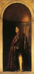 トゥールーズの聖ルイ、オルガン扉の装飾、約1509年、セバスティアーノ・デル・ピオンボ（約1485-1547）作、油彩・キャンバス、293x137cm、サン・バルトロメオ教会（イタリア、ヴェネツィア）。