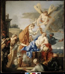 La mort de Dido"" (ディドの死) カルタゴの女王であるディドは、アイネイアースの見捨てに耐えられず、アイネイアスの剣で危険にさらされて自殺することを好みます。 女神アイリスはハサミでディドの髪を切ります。