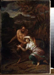 """Pan et la nymphe Syrinx"" (Pan and Nymph Syrinx) Sebastien Bourdon (1616-1671) による絵画 17 世紀 国立野外博物館 パレス ガッチナ、サンクトペテルブルク