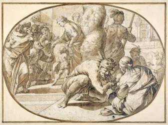 エルサレム神殿で足の不自由な乞食に施しをする王妃 17世紀初頭（ペン・茶インク・茶ウォッシュ