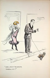 犬が用を足すのを待つカップル、1921年頃（カラーリトグラフ）