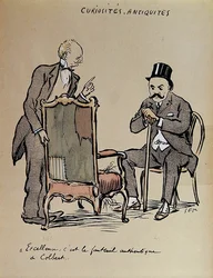 コルベールが所有していたとされる椅子を視察するリッチなアートコレクター 1919年頃（カラーリトグラフ）