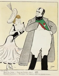 ヴィクトリアン・サルドゥ（1831-1908）作「サン＝ジーン夫人」でナポレオン役を演じる俳優アルベール・ブレスール1901年（1862-1932）、1893年の風刺画（イラスト