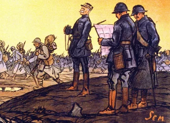フェルディナン・フォッシュ将軍（1851 - 1929）が戦場を行進する自軍を見守る。国債広告「最後の15分間...私を助けてくれ！国債の申し込みはセムが受け付ける」の細部