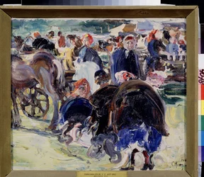 フェア（フェア）。 農民の女性とトレーダーがいる地方の市場。 Semyon Gavrilovich Nikiforov（1877-1912）による絵画、キャンバスに油彩
