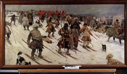 16世紀のロシアの軍事作戦。 （16世紀のロシアの軍事作戦）。 スキーで雪の中を進むロシアの戦士。 Sergei Vasilyevich Ivanov（1864-1910）による絵画、キャンバスに油彩