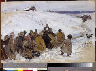 懲罰遠征。 Sergei Vasilyevich Ivanov (1864-1910) による絵画。 段ボールに油彩。 モスクワ、国立トレチャコフ美術館。