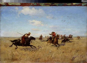 ドニエプル・コサックとタタール人との戦い - セルゲイ・イワノビッチ・ヴァシルコフスキー（1854-1917）による絵画、キャンバスに油彩