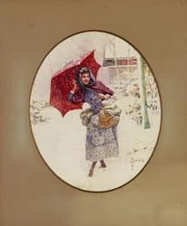 女性は雪の中を歩く、c. 1900年