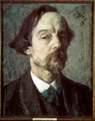 自画像。 Sergei Vasilyevich Malyutin (Serguei Maliutin) (1859-1937) の作品、紙にパステル