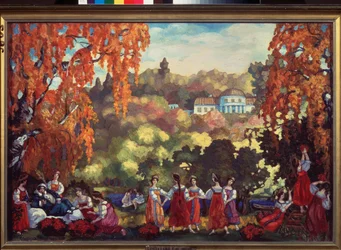 晩夏 - Sergei Yurievich Sudeykin (Serge Soudeikine) (1882-1946) の作品、ボール紙に油彩