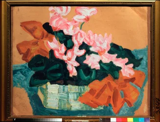 Fleurs, Nature morte (Flowers, Still life) - Work by Sergei Yurievich Sudeykin (Serge Soudeikine) (1882-1946), oil on cardboard - ロシア美術、モダニズム、アール ヌーボー、20 世紀 - State United Art Museum、コストロマ (ロシア)