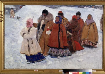 家族。 雪の中をコートを着て歩くロシア人家族。 Sergei Vasilyevich Ivanov（1864-1910）による絵画、キャンバスに油彩