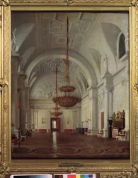 サンクトペテルブルクの冬宮殿のホワイト ホールの眺め。 Sergey (Sergei, Sergei) Konstantinovich Zaryanko (Zarianko) (1818-1870) による絵画、キャンバスに油彩。 ロシア美術