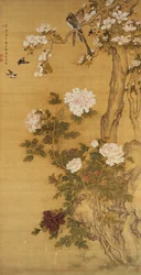 牡丹鳥木蓮図掛軸 清時代・絹本着色