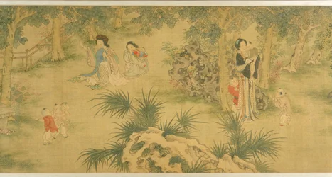 庭の女性と子供たち（シルクにインクとカラー）