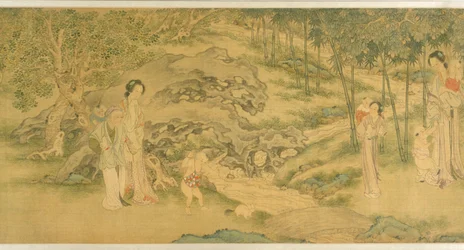 Naiset ja lapset puutarhassa (muste ja väri silkillä)