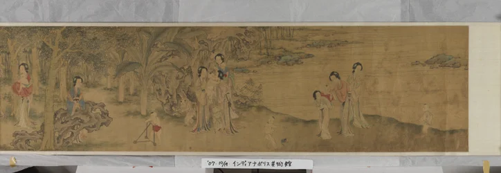 庭の女性と子供たち（シルクにインクとカラー）