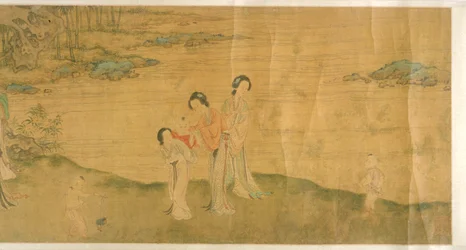 庭の女性と子供たち（シルクにインクとカラー）