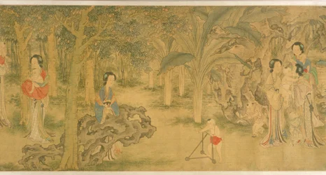 庭の女性と子供たち（シルクにインクとカラー）