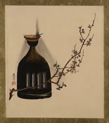 さまざまな題材の漆絵：油灯のある梅の枝