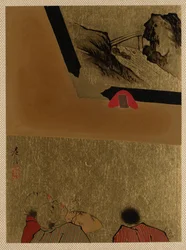 額入り漆の絵を見て3人の男性。