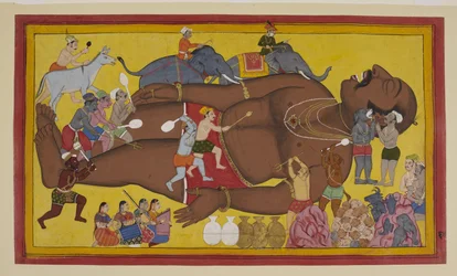悪魔たちは眠っているクンバカルナを呼び起こし、ラーマと戦わせる。