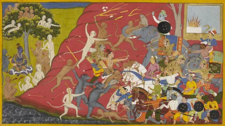 インドラジットの犠牲の火が放置されたまま、ニクンビラの木立で猿と悪魔が戦う