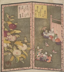 左に椿の花、右に闘鶏を見る人々、1820年頃。