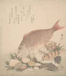 海の底で貝殻やコケの間を泳ぐ大小の魚。 1830年頃。 1830年。